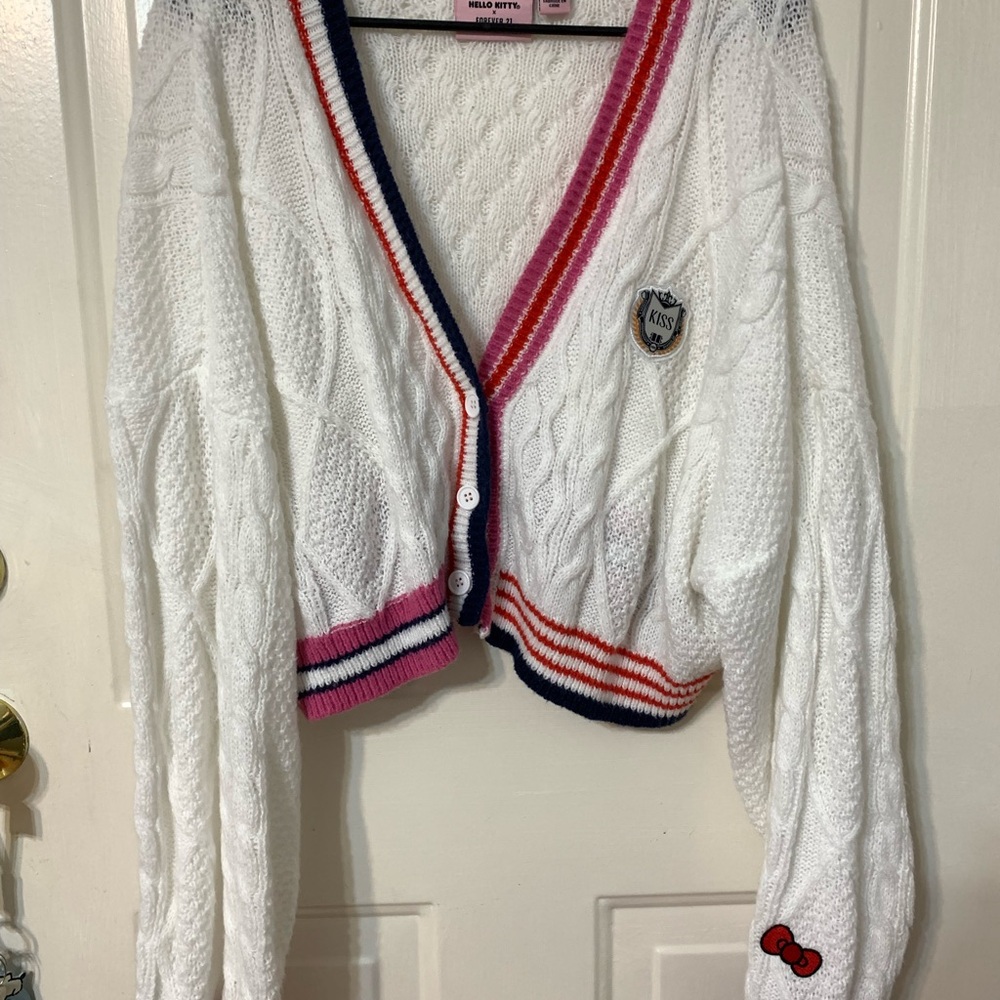 Forever 21 White Cable Knit Cardigan with Pink and Red Stripes